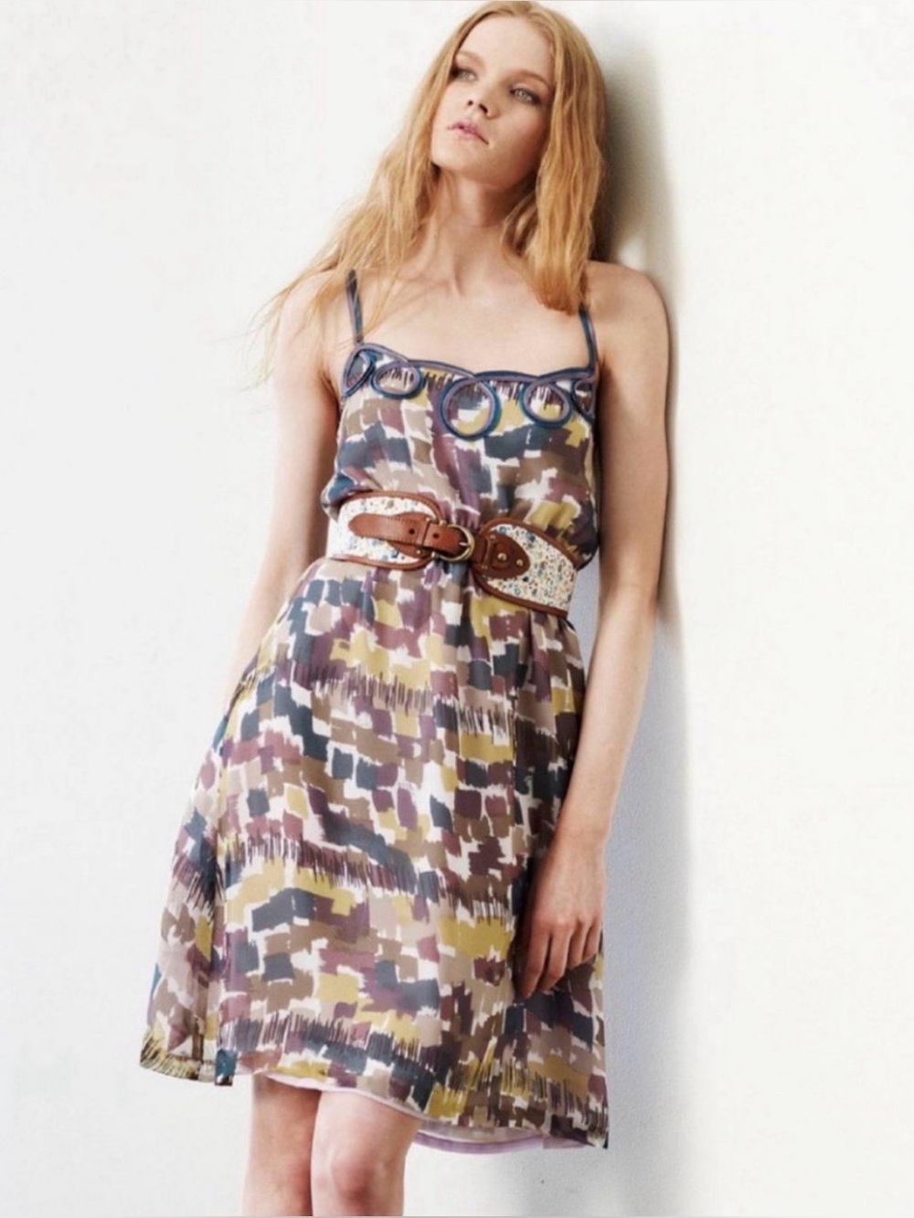 Wendy Katlen Anthropology - 100% Silk Loop Piping CasualMidi Dress Block Pattern